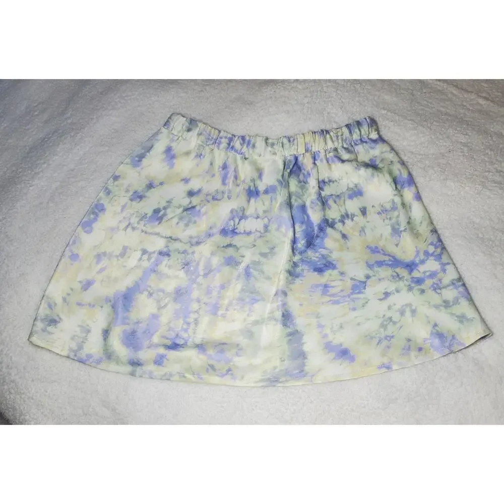 🔥 Zara XS Purple Lilac Yellow White Tie Dye Mini Skirt Satin Viscose Silky - Picture 8 of 15
